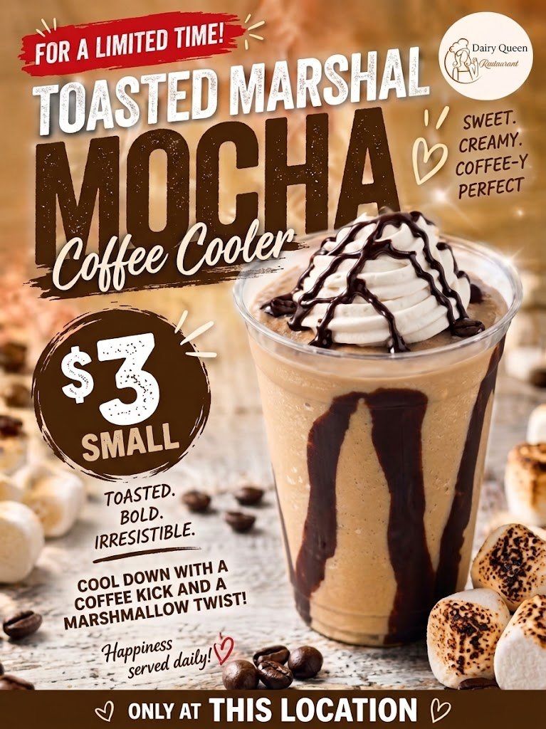 Dairy Queen Toasted Marshmallow Mocha Coffee Cooler with whipped topping and cocoa fudge
