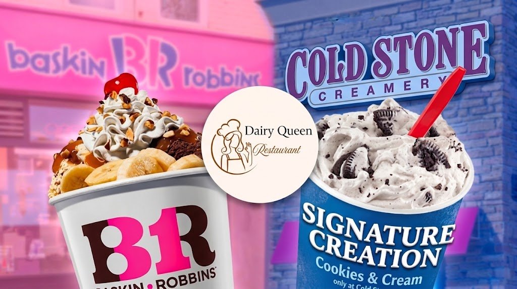 Dairy Queen soft serve cone next to a Baskin-Robbins scooped ice cream cone