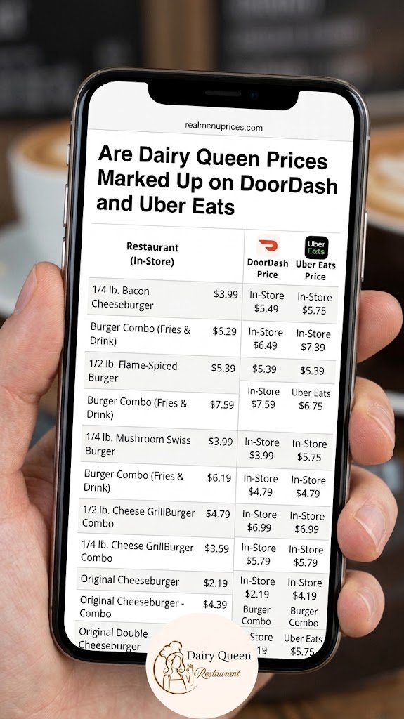 Phone screen showing a Dairy Queen order on a delivery app next to a receipt