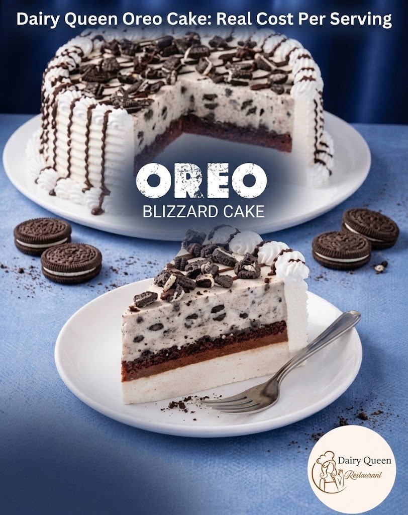 Dairy Queen OREO Blizzard Cake sliced, showing cookie pieces throughout the layers