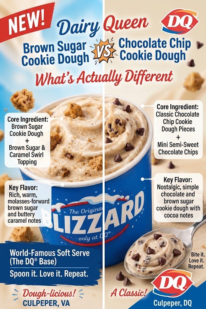 Dairy Queen Chocolate Chip Cookie Dough Blizzard next to Brown Sugar Cookie Dough Blizzard for comparison