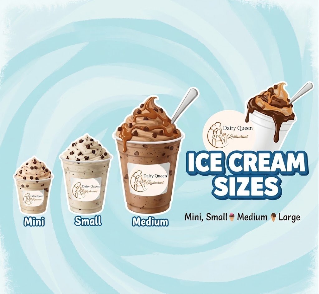 Four Dairy Queen Blizzard sizes lined up side by side, Mini through Large